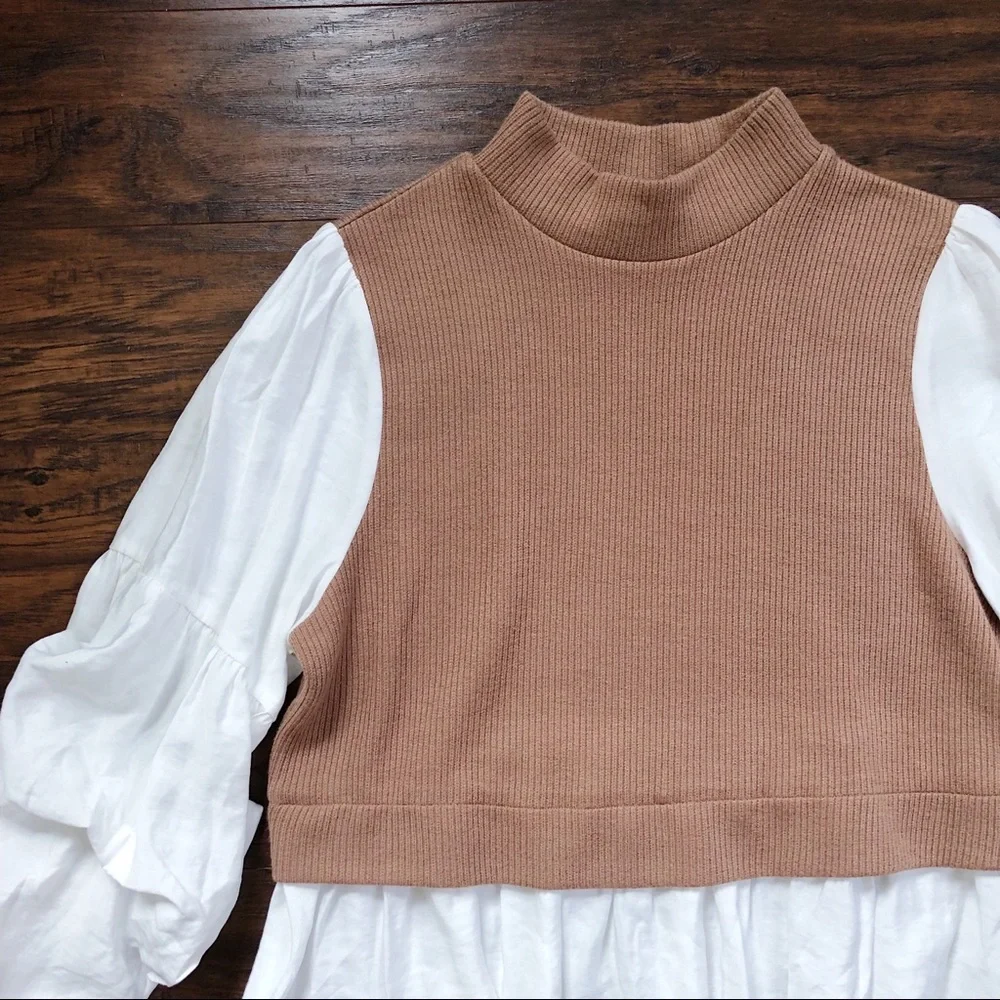 Anthropologie • Ruffled Layered Top tan sweater vest white puff sleeve blouse